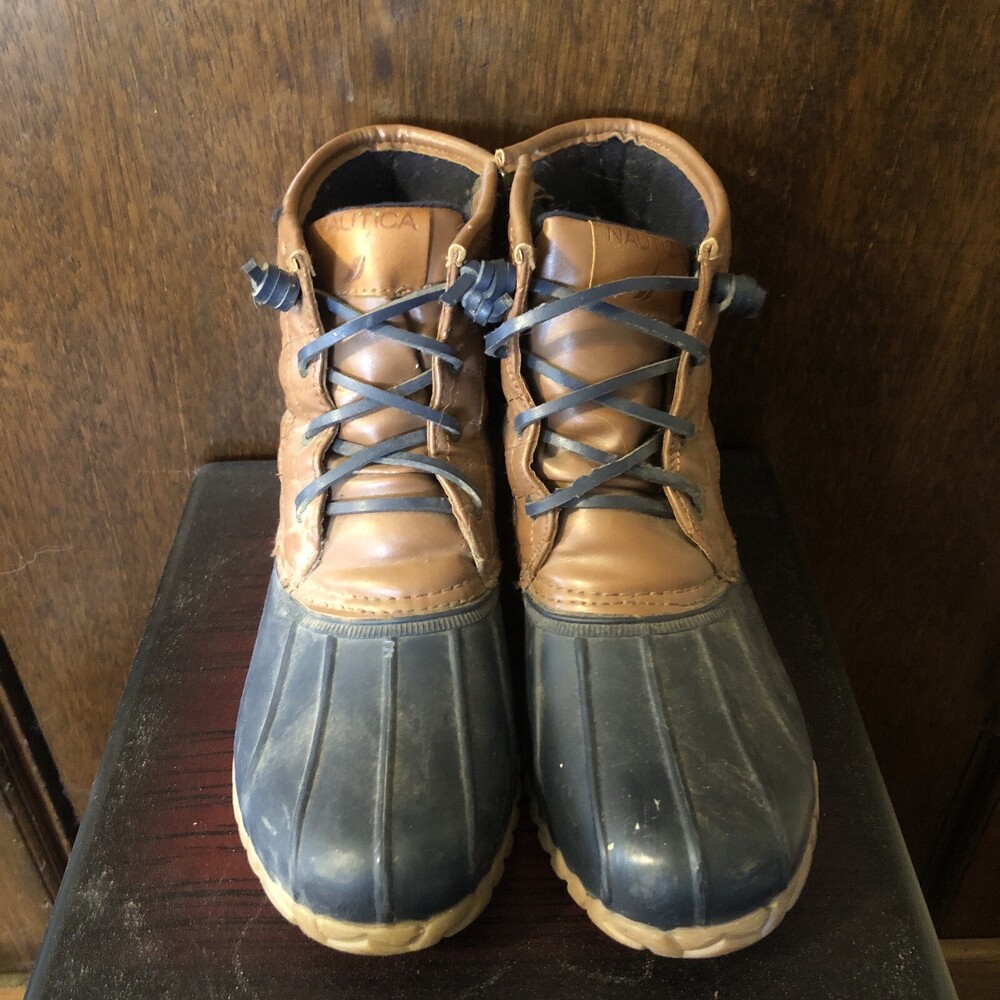 Nautica Women’s Dorsay Duck Boots Navy Blue Brown Rubber Size 10 zip side